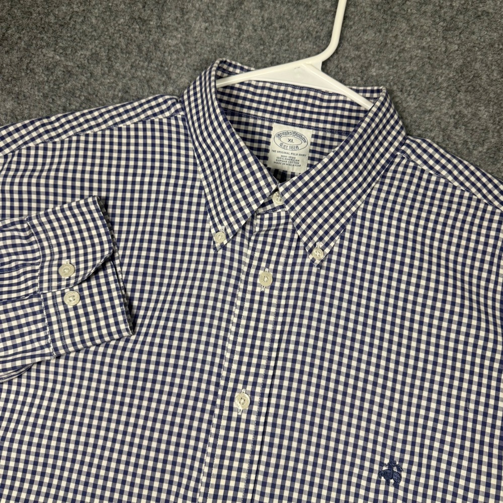 Brooks Brothers Gingham Button Down Shirt Mens XL Blue Supima Non-Iron Logo